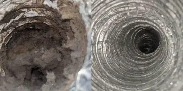 Dryer vent duct before cleaning, packed with lint, beside the same duct after cleaning